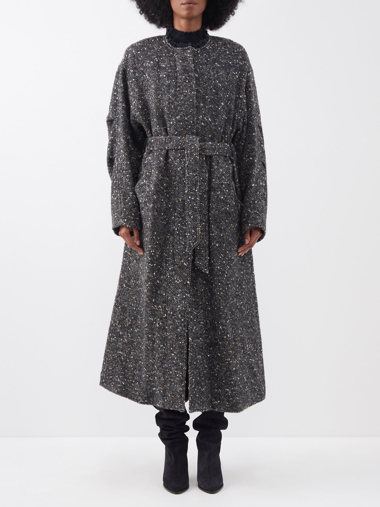 MARANT ÉTOILE Jardy Collarless Flecked-Tweed Belted Coat endource