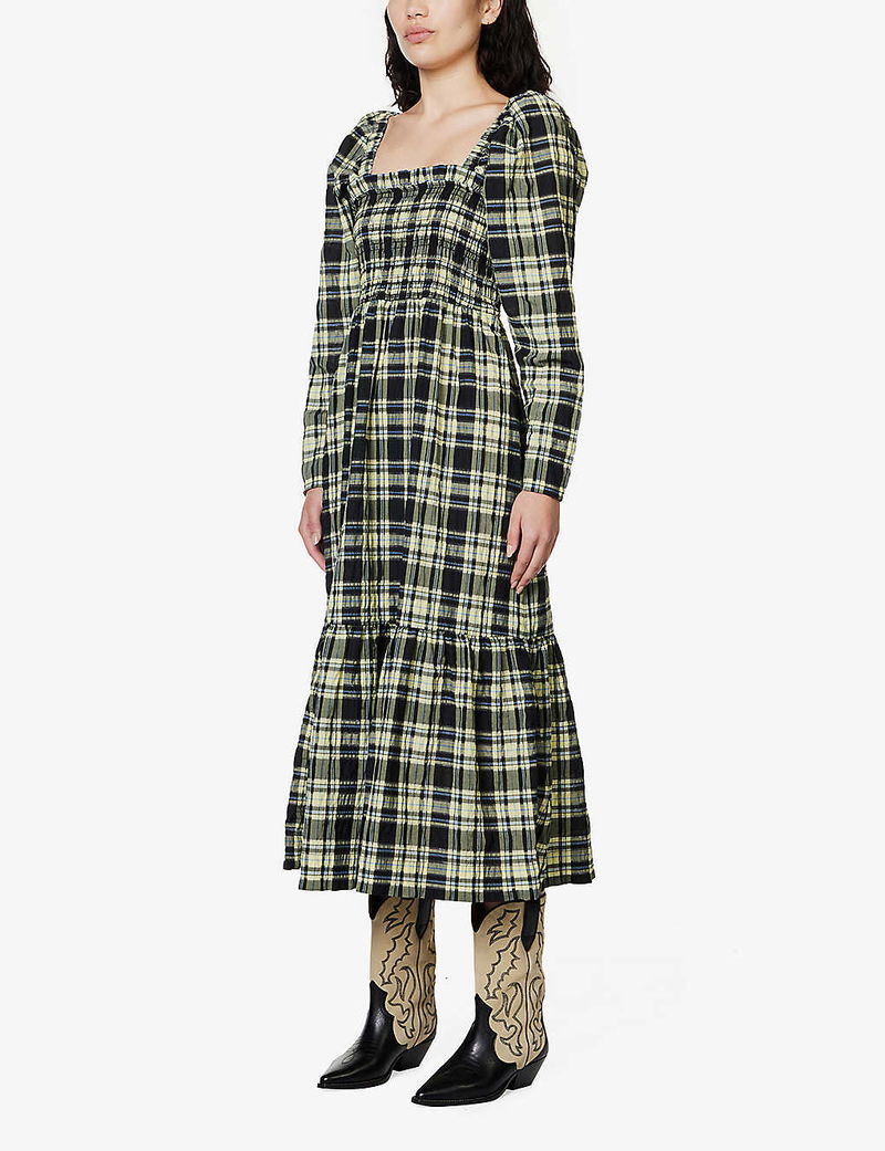 ganni checked maxi dress Ganni + Multicolour Seersucker Check Maxi Dress