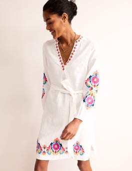 chinese dress ladies Cleo Linen Tie Waist Dress-Chambray Embroidery