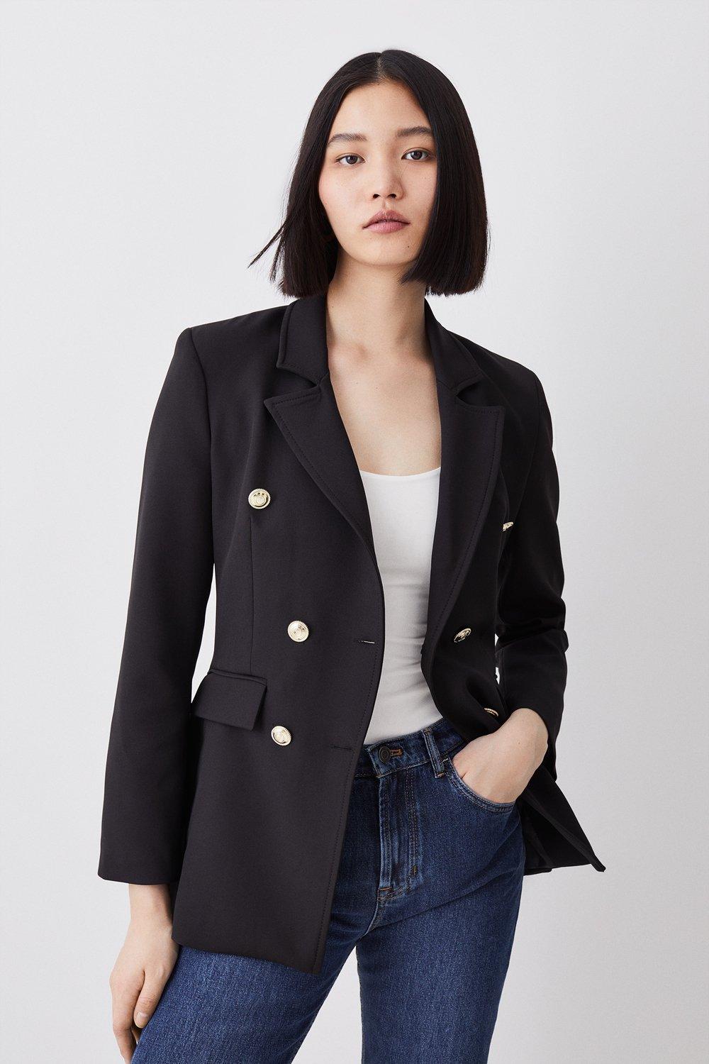 KAREN MILLEN Stretch Cady Double Breasted Military Blazer in Black ...