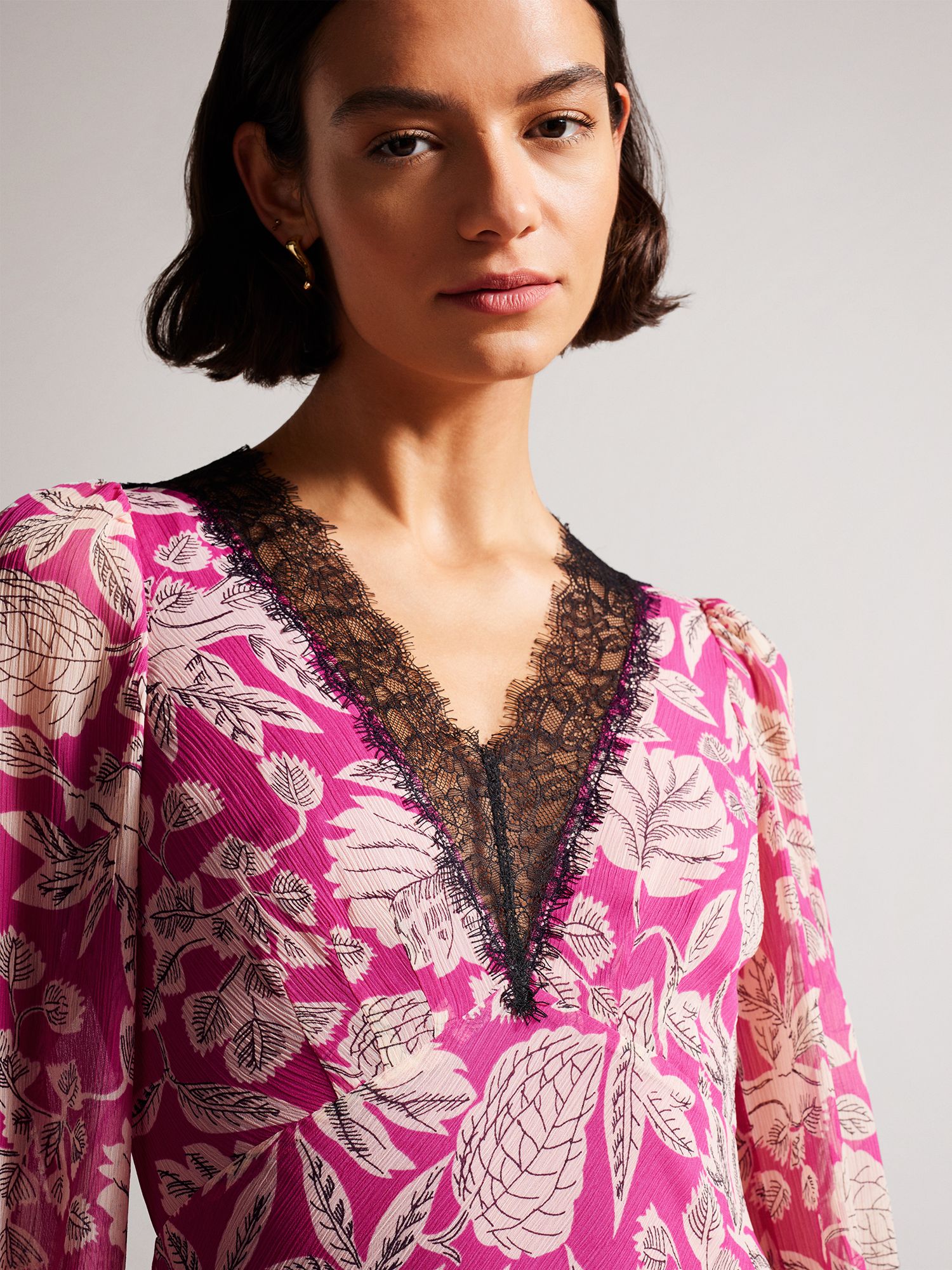 TED BAKER Izobele Long Sleeve Lace Trim Midi Dress | endource