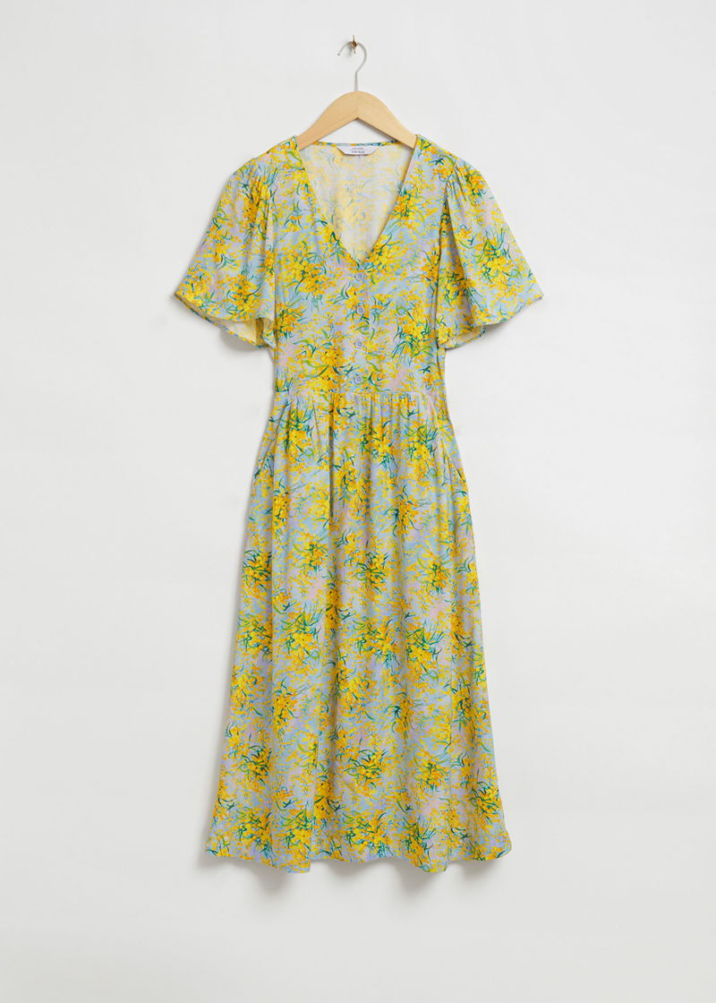 & OTHER STORIES Flutter Sleeve Midi Dress in Light Blue/Yellow Floral ...