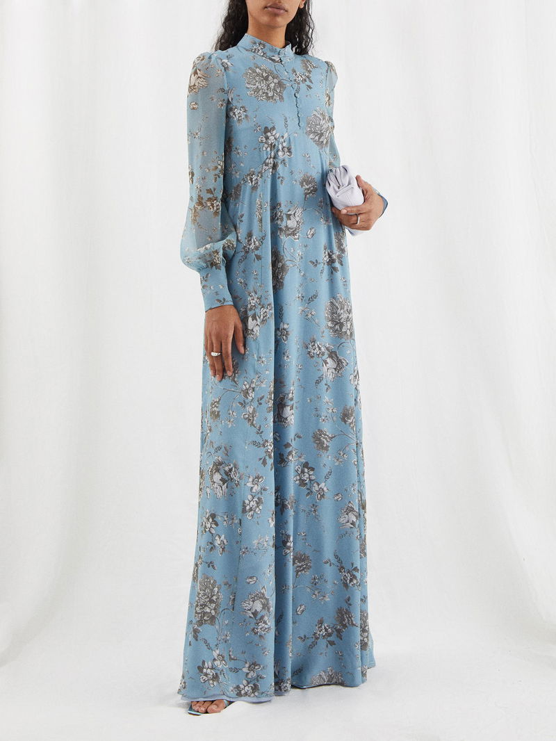 erdem blue dress Blouson Sleeve Neck Tie Gown