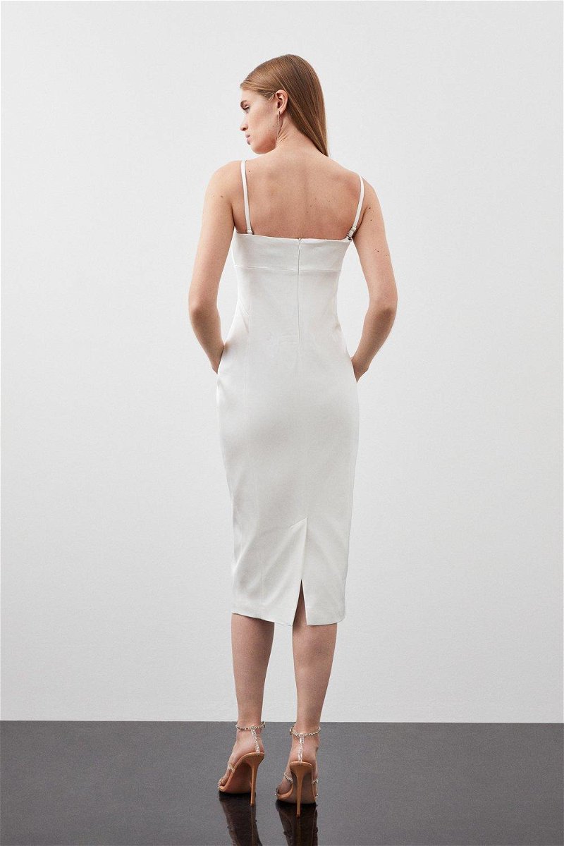 Italian Structured Satin Tailored Asymmetric Pencil Midi Dress