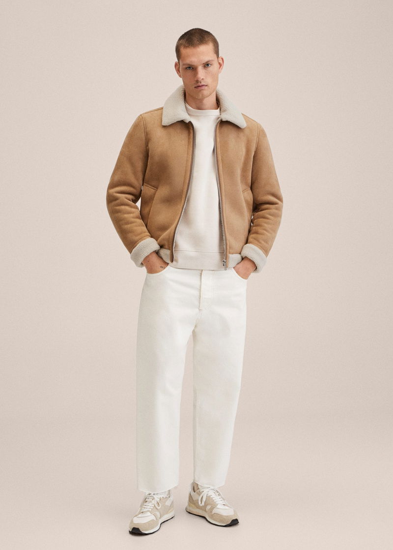 Faux Shearling-lined Bomber Jacket - Beige - Men