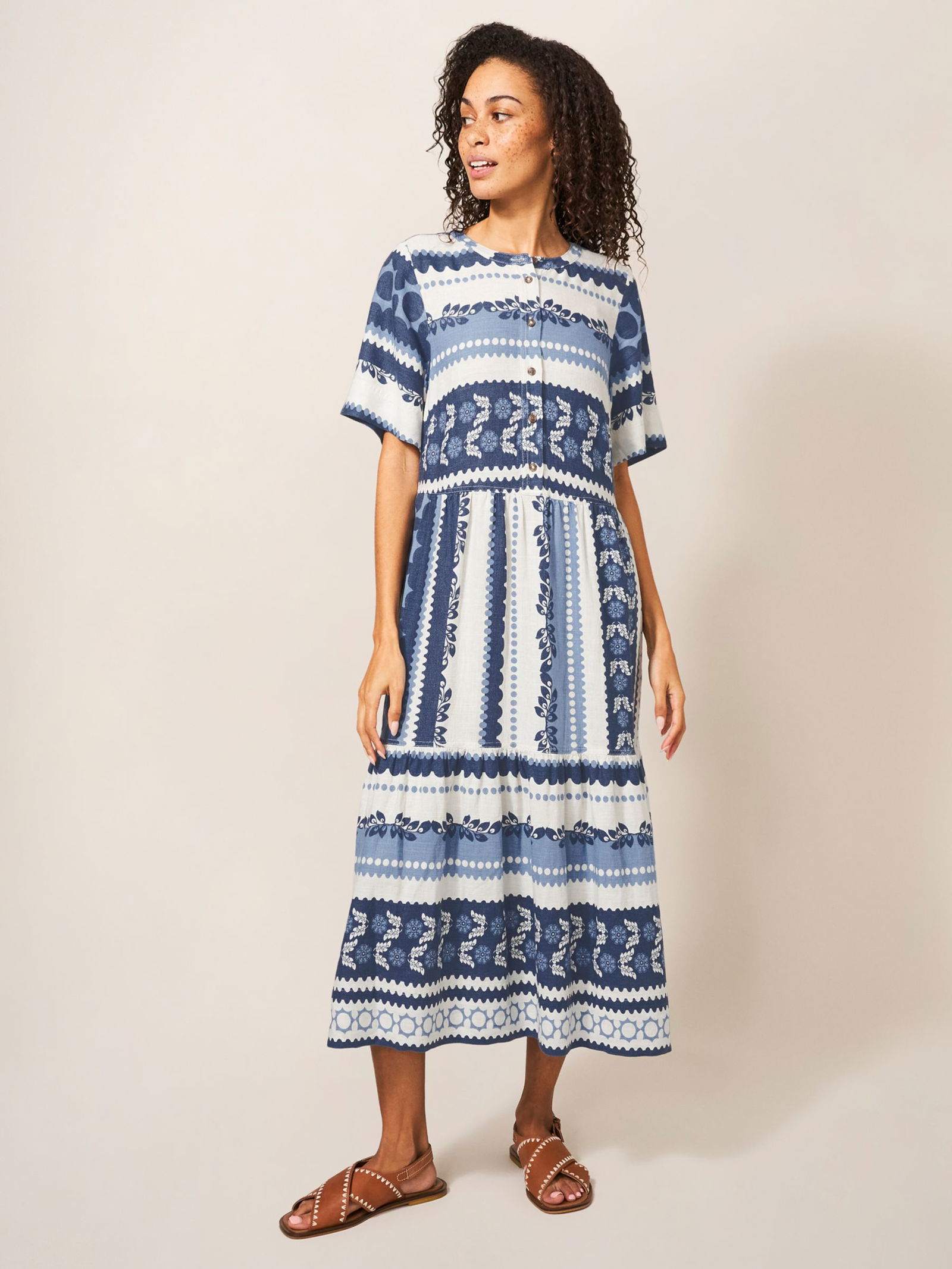 WHITE STUFF Pip Linear Floral Print Tiered Midi Dress in Blue/Multi ...