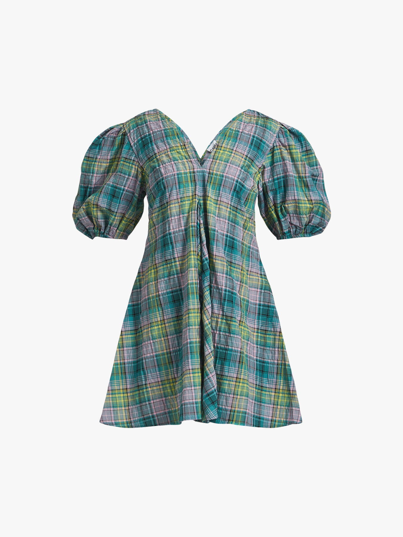 ganni seersucker check dress blue Ganni Seersucker Blue Check Cotton-Blend Shirred Midi Dress