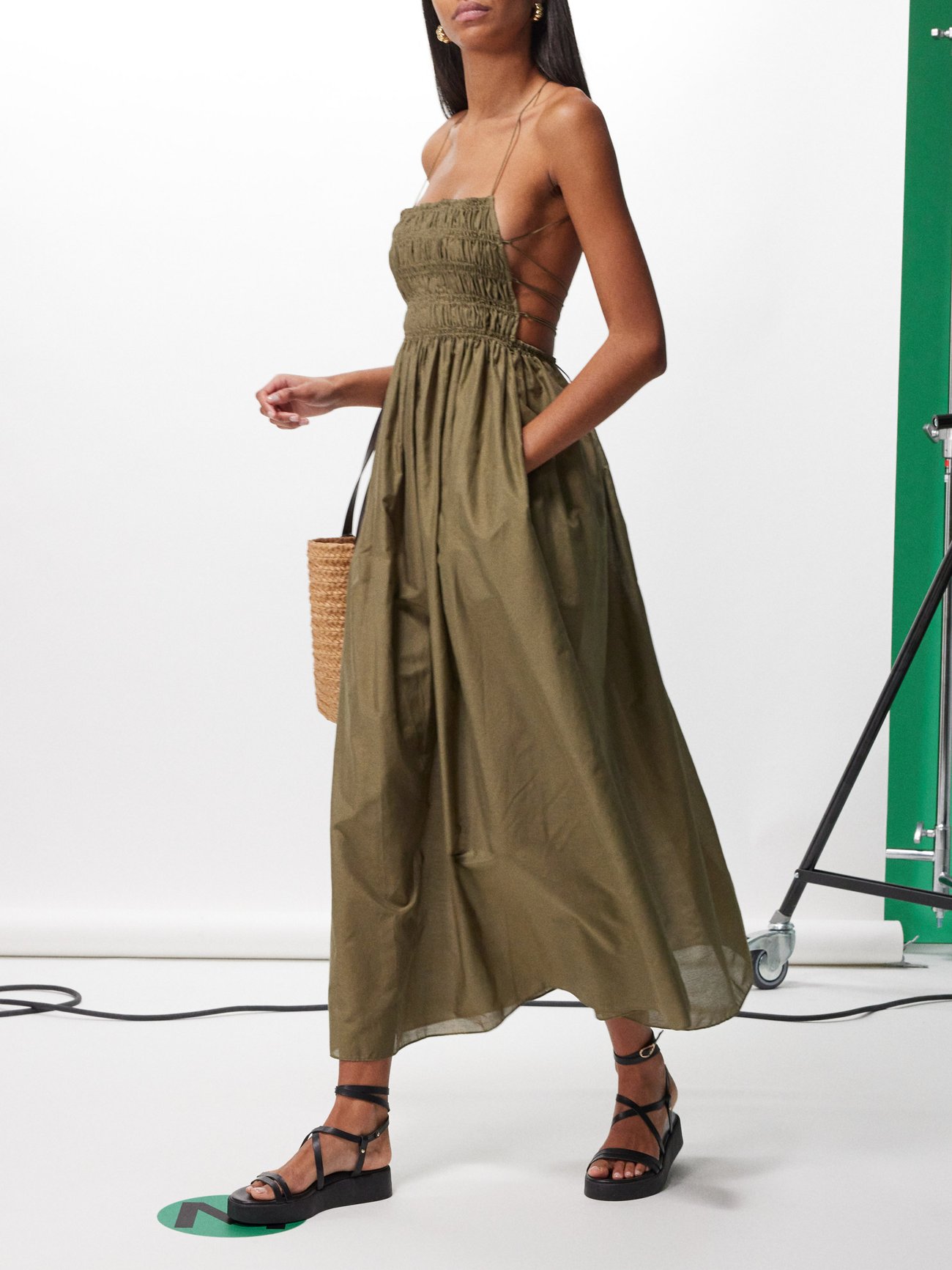 matteau green shirred maxi dress Shirred-Bodice Illusion Mesh