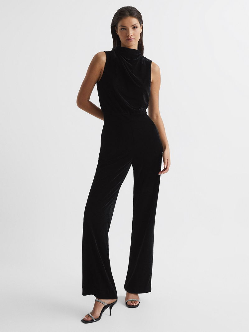 REISS Diane Regular Sleeveless Velvet Jumpsuit in Black | Endource