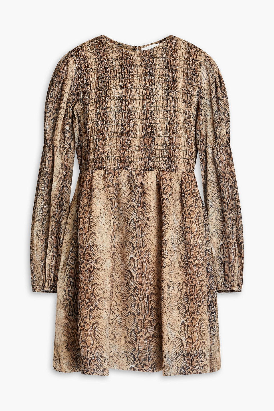 ganni printed crepe mini dress GANNI Shirred Snake-Print Crepe Mini Dress