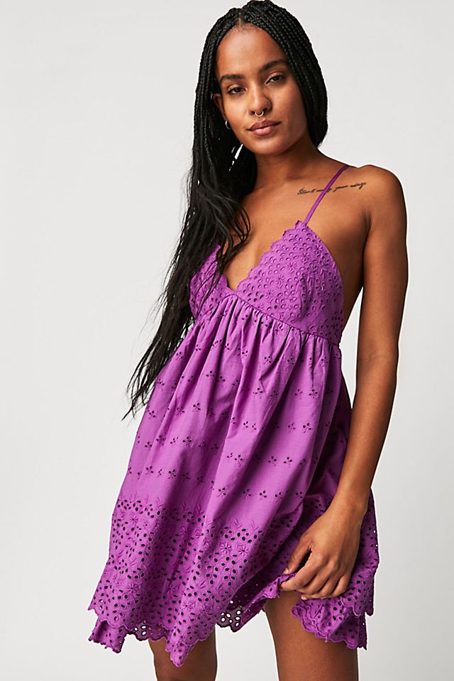 knee length dresses for ladies FREE PEOPLE FP BEACH Ruffled Mini Dress PURPLE M Lounge Beach – Psychotic  Leopard main image 0