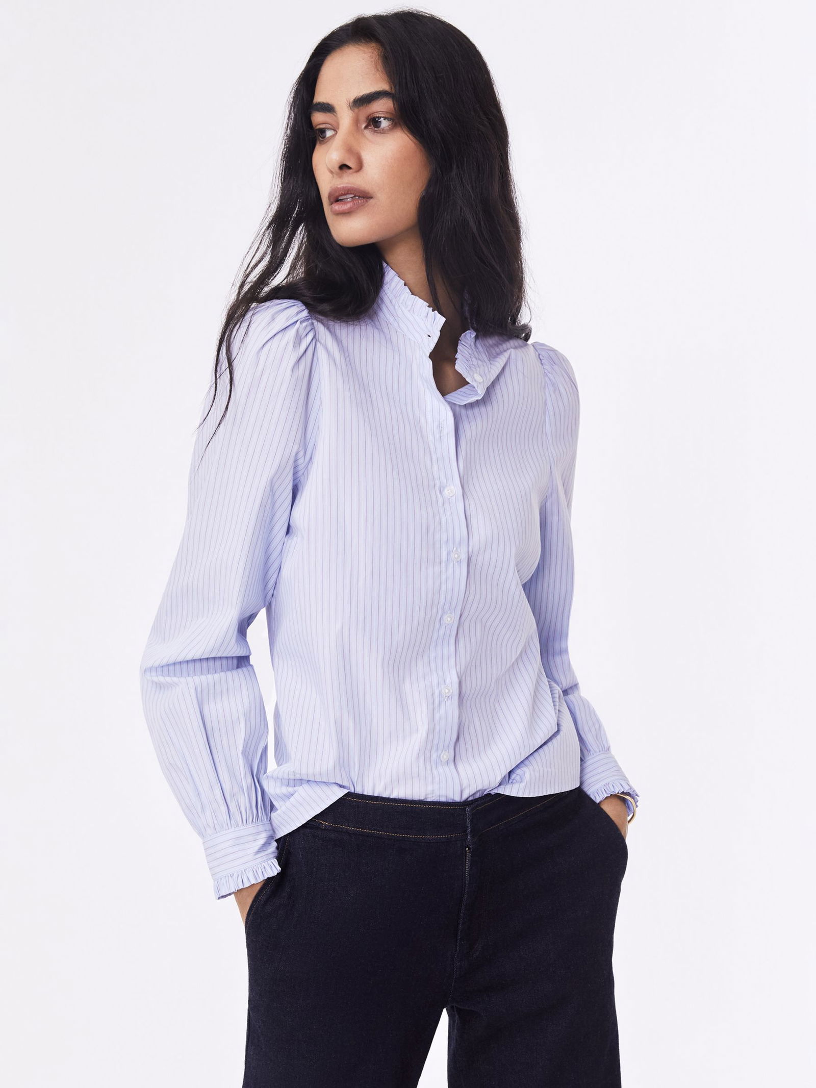 BAUKJEN Ryleigh Frill Neck Stripe Shirt in Ice Blue | Endource