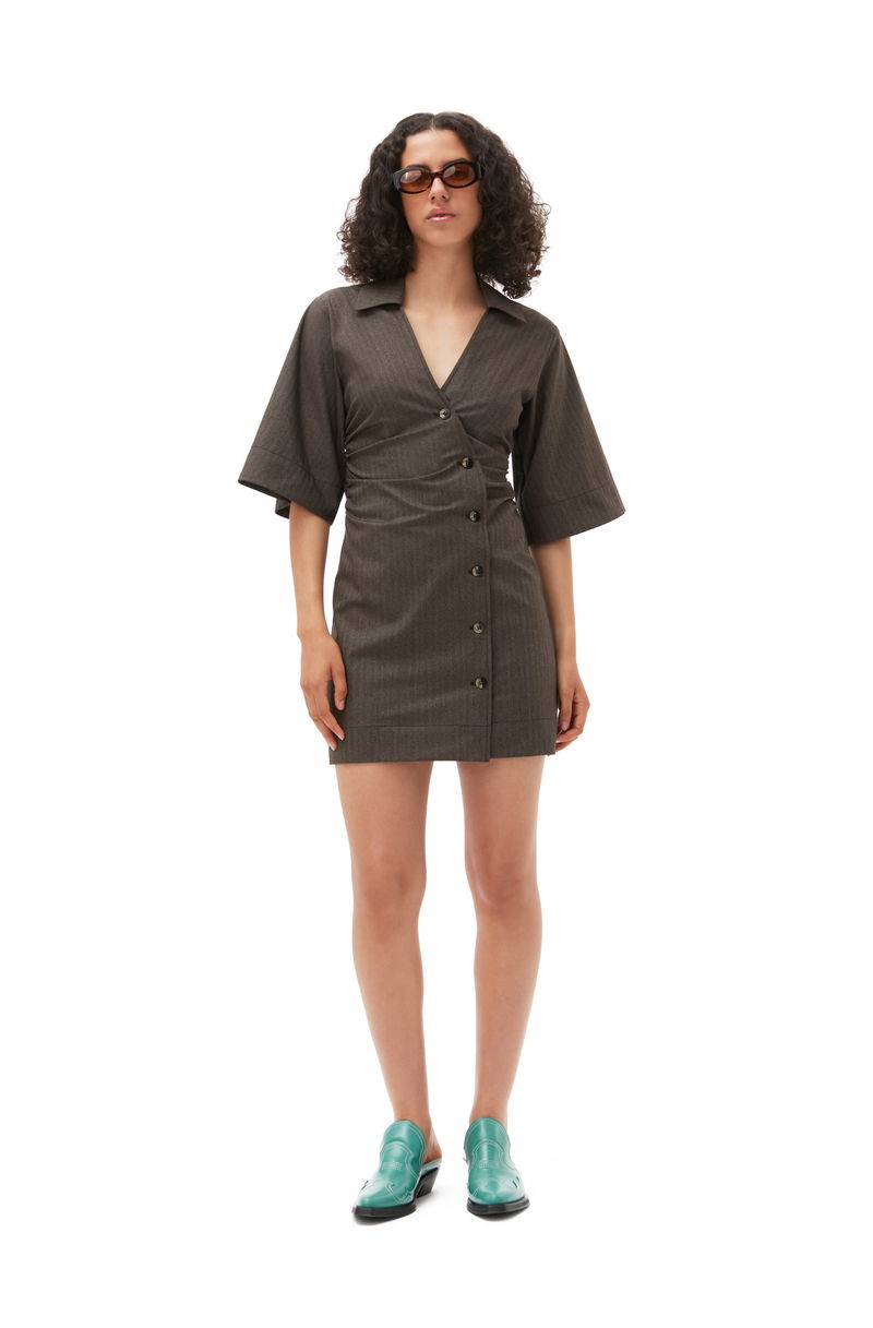 GANNI Drapey Suiting Gathered Mini Dress in Rocky Road | endource