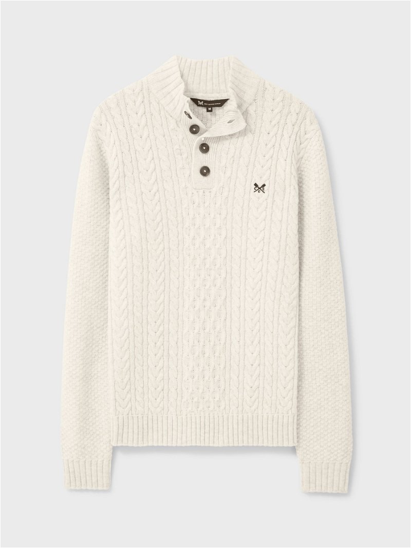 CREW CLOTHING Half Button Cable Knit Jumper in Oatmeal