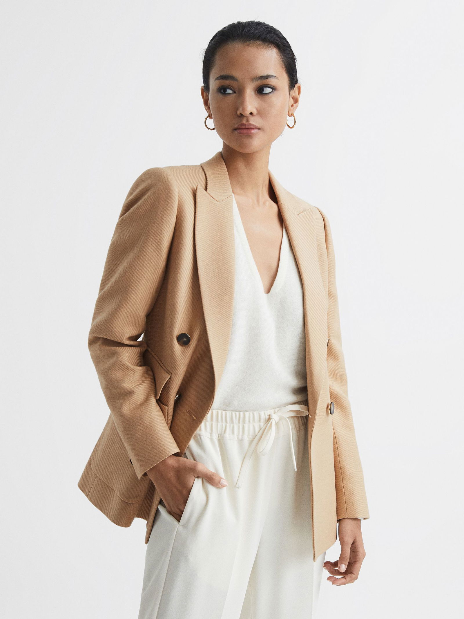 REISS Larsson Double Breasted Twill Blazer in Light Camel | Endource