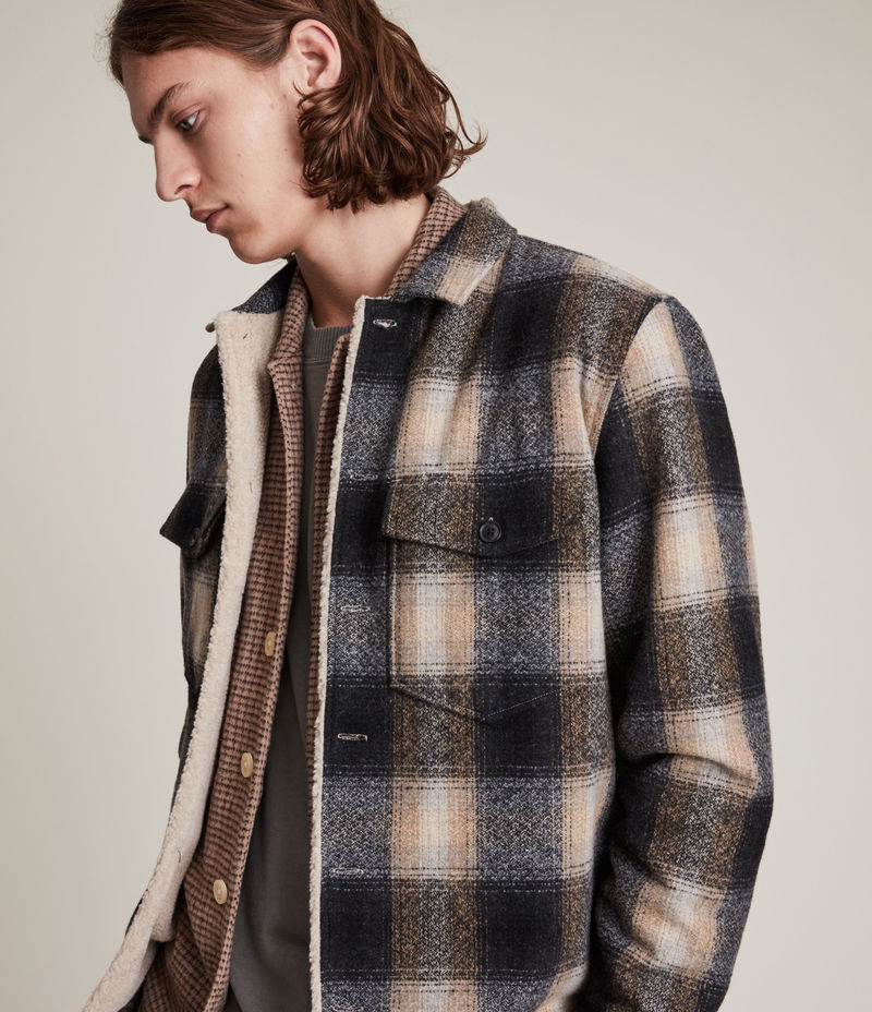 ALLSAINTS Tromso Sherpa-Lined Wool Blend Check Jacket in Beige 