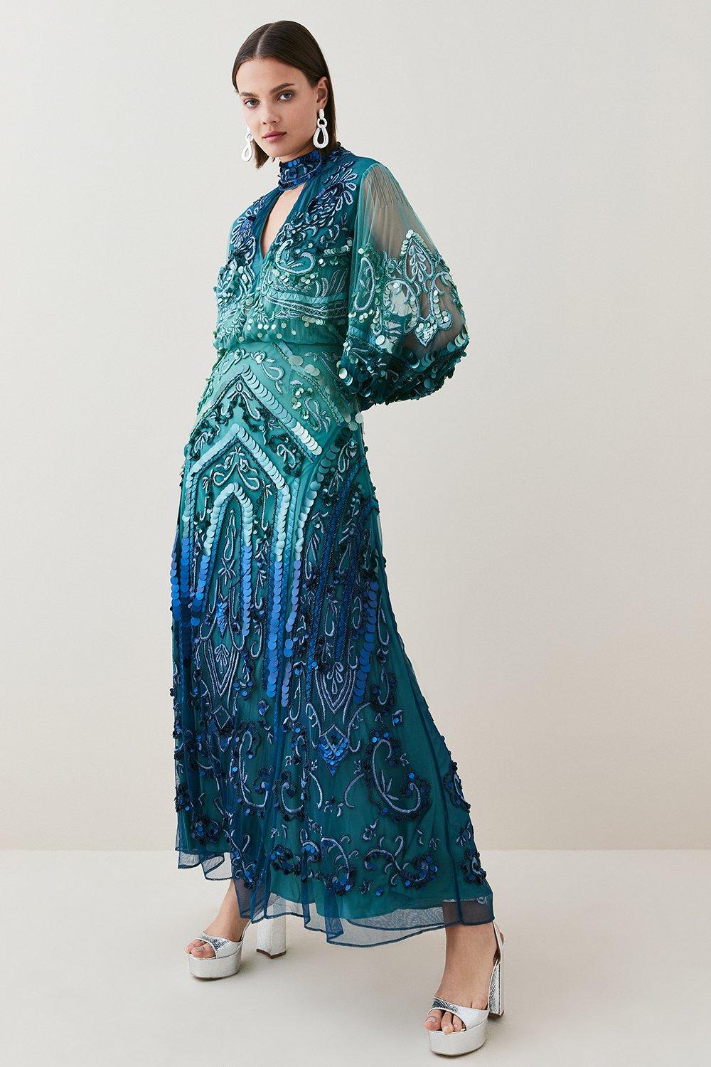 KAREN MILLEN Ombre Sequin And Embroidered Maxi Dress | endource