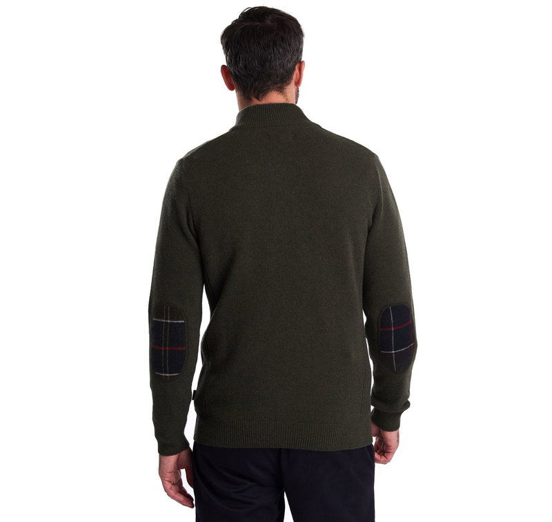 Olive green Barbour sweater with plaid elbow patches.
