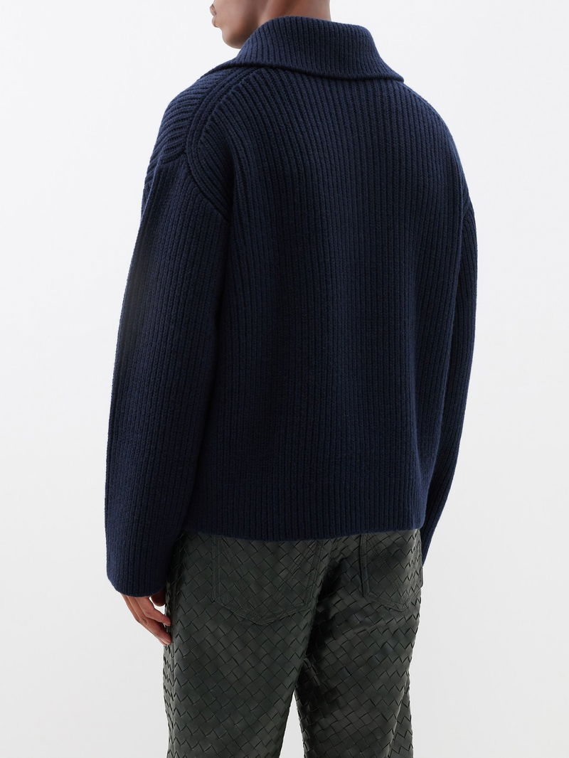 BOTTEGA VENETA Open-Collar Ribbed-Knit Wool-Blend Sweater in Navy