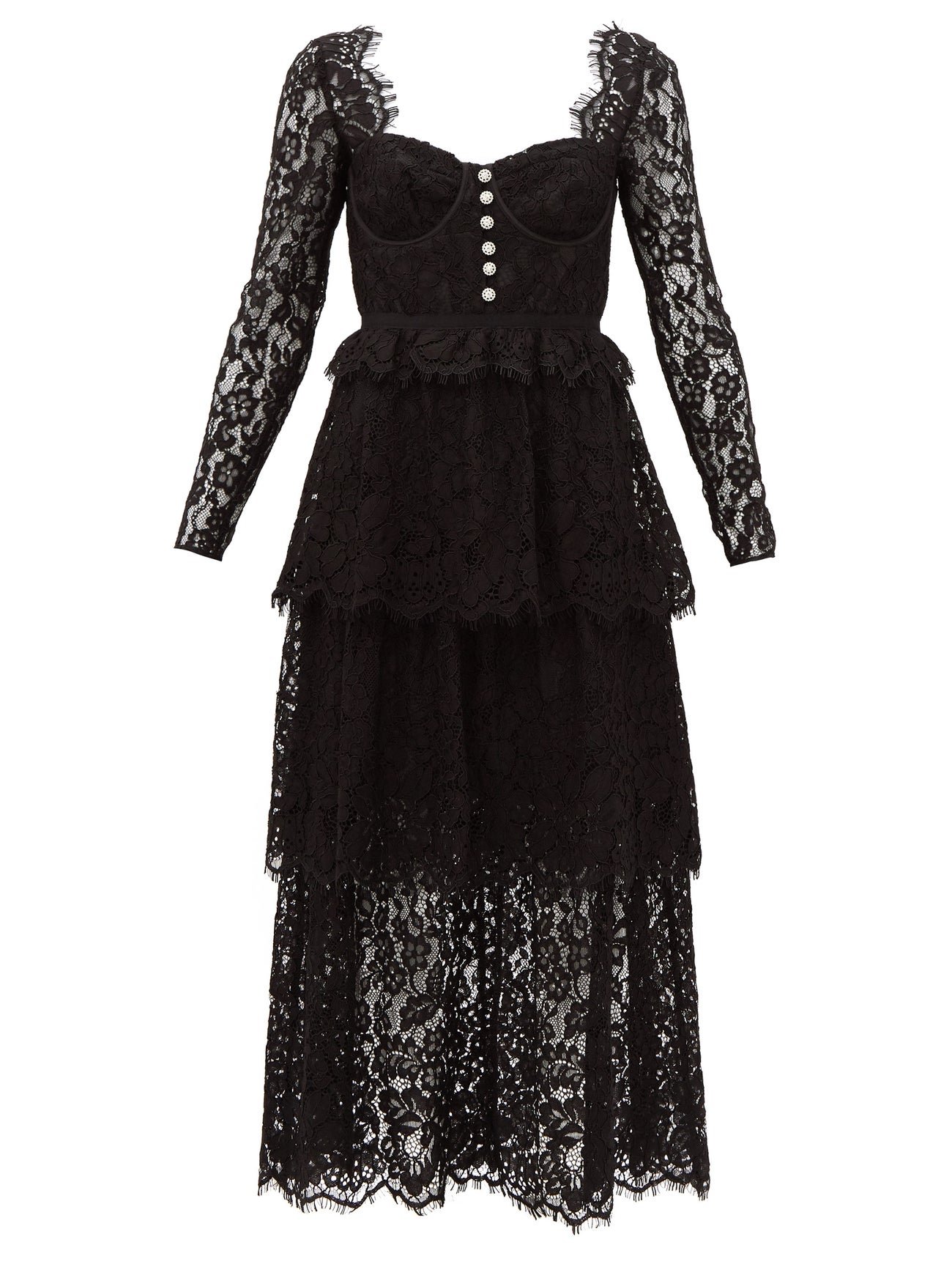 SELF-PORTRAIT Crystal-Button Lace Midi Dress in Black | Endource