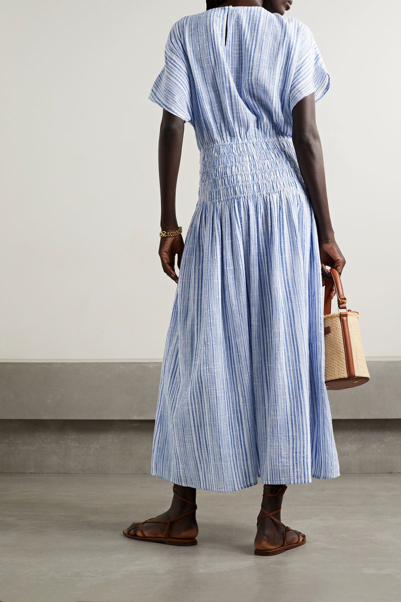 APIECE APART Mana Gathered Striped Cotton-Blend Voile Midi Dress | endource