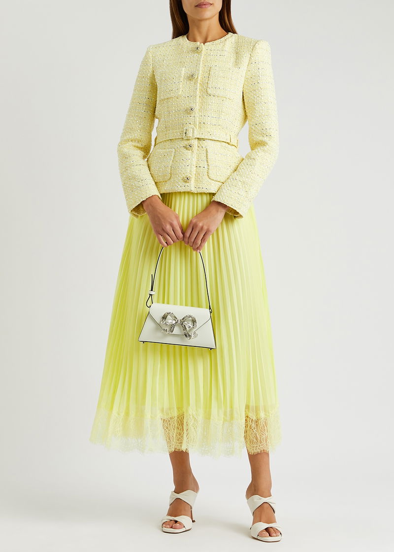 SELF-PORTRAIT Pleated Chiffon And Boucl-Tweed Midi Dress | endource