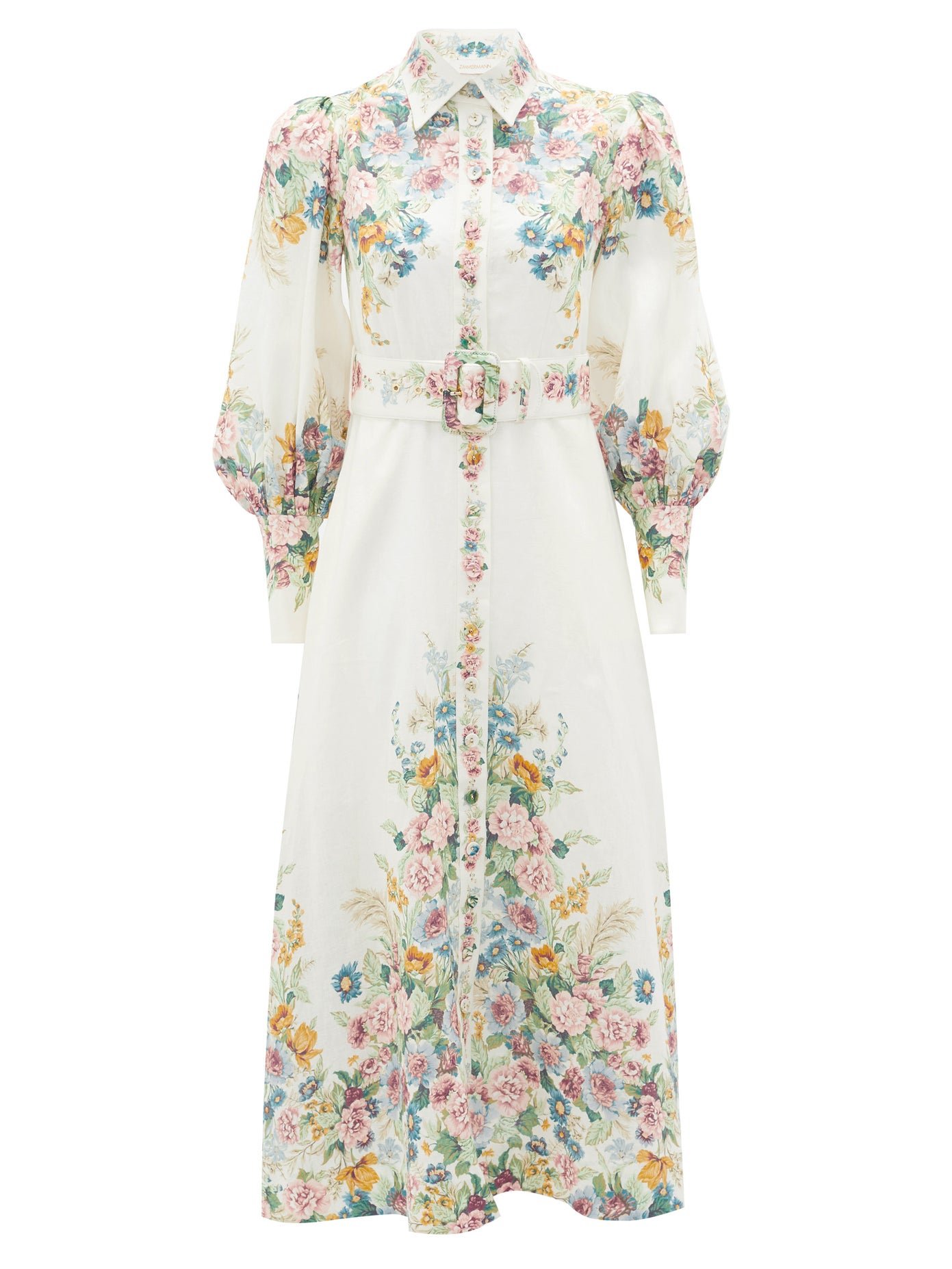 ZIMMERMANN Wavelength Belted Floral-Print Linen Midi Dress in Cream ...