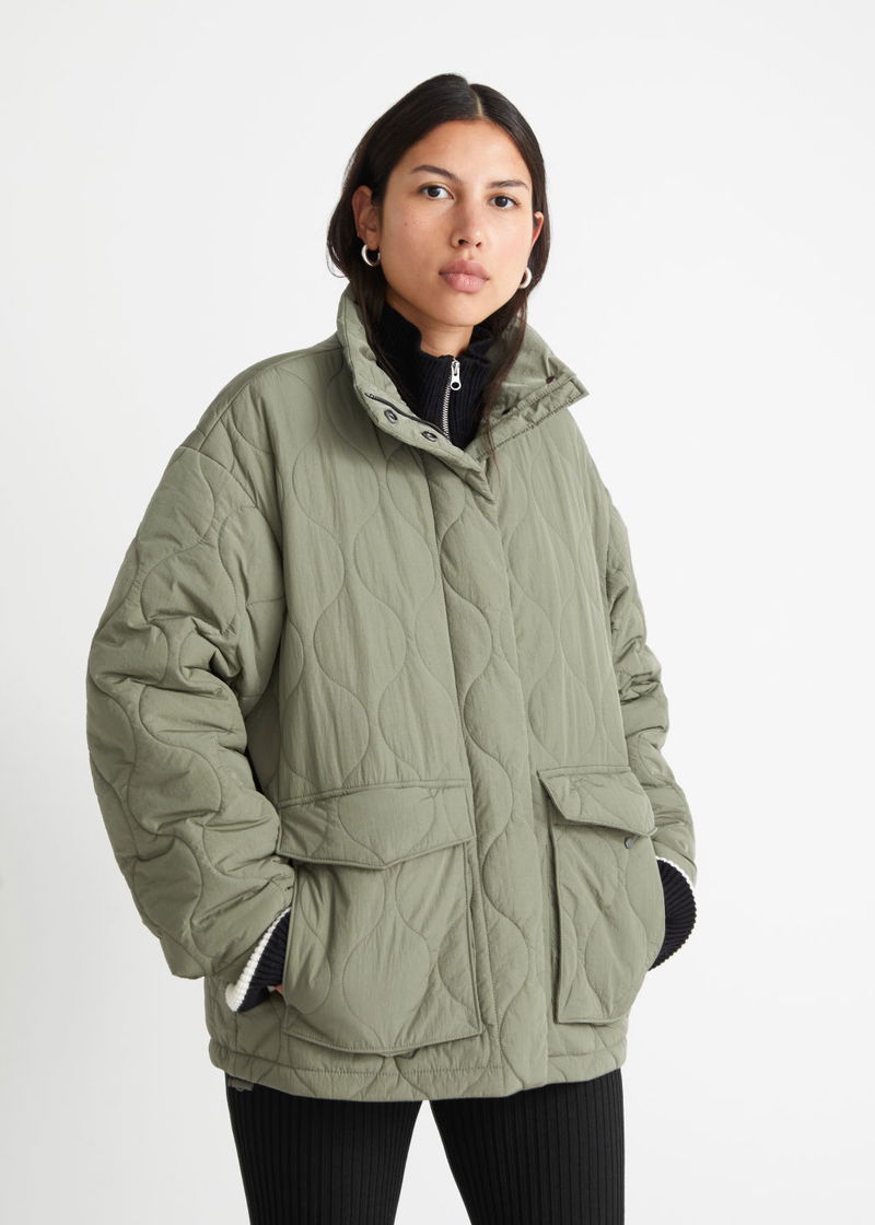  OTHER STORIES Quilted Zip Jacket in Khaki