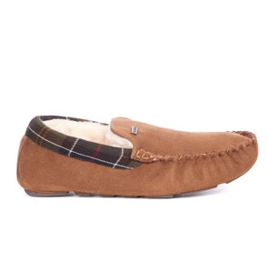 Brown suede moccasin slippers with tartan lining
