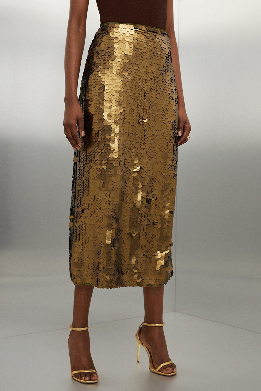 KAREN MILLEN Metallic Matte Sequin Woven Midi Skirt in Metallic Gold ...