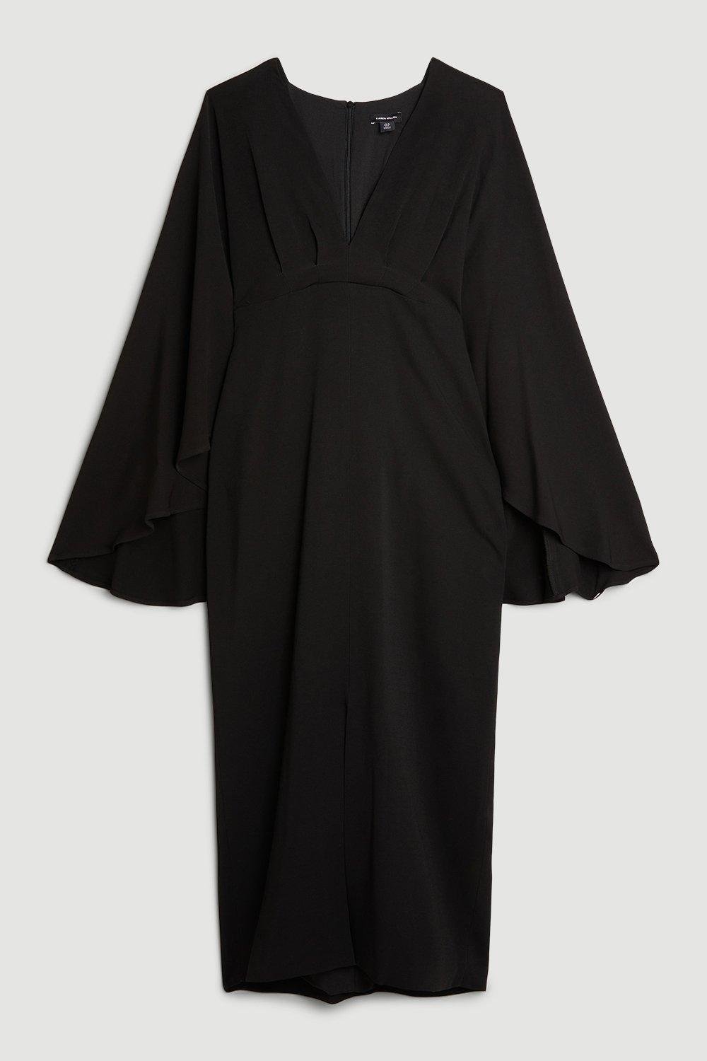 KAREN MILLEN Tailored Compact Viscose Kimono Sleeve Plunge Neck Midi Dress  in Black