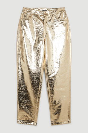 KAREN MILLEN Petite Metallic Faux Leather Straight Leg Trouser in Gold