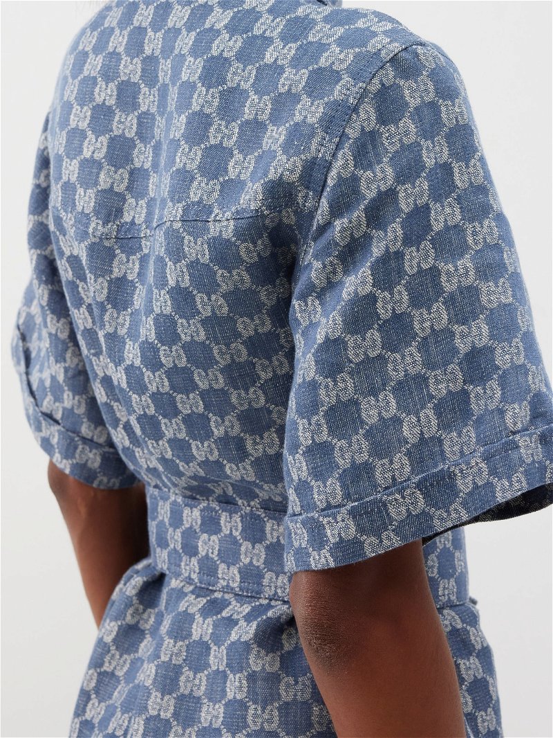 GUCCI GG-Jacquard Tie-Waist Linen Shirt Dress in Blue