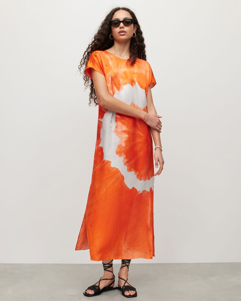 ALLSAINTS Etta Mariana Silk Blend Tie Dye Dress in Orange Tiedye