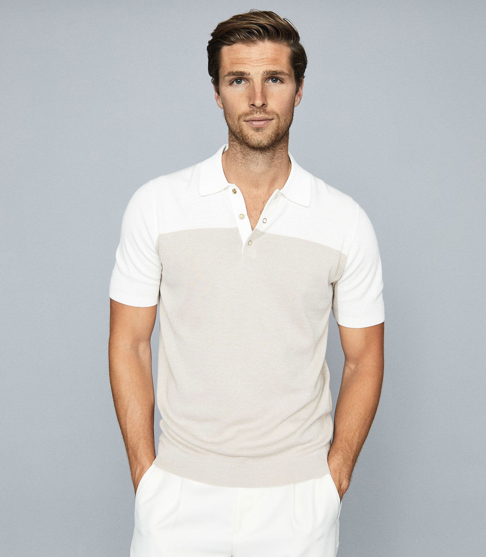 REISS Alessano Press Stud Colour Block Polo Shirt in Natural | Endource