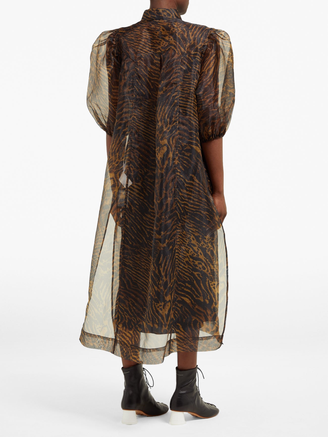 ganni printed organza dress GANNI Women's Shibori Organza Belted Midi-Dress - Black Sand