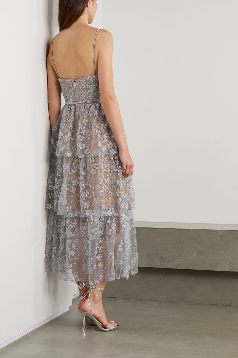 sachin and babi light blue dress SELF-PORTRAIT Tiered Metallic Embroidered Tulle Midi Dress