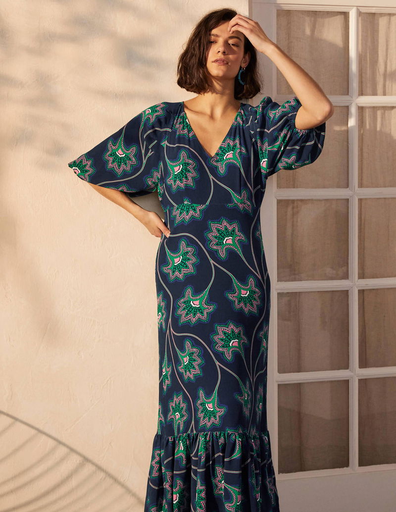 knee length dresses for ladies Tiered Poplin Maxi Dress-Aquamarine Blue, Deco Palm main image 0