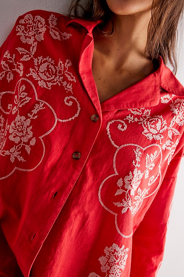 FREE PEOPLE We The Free - Cross Stitch Embroidered Shirt in Valliant Poppy  Combo