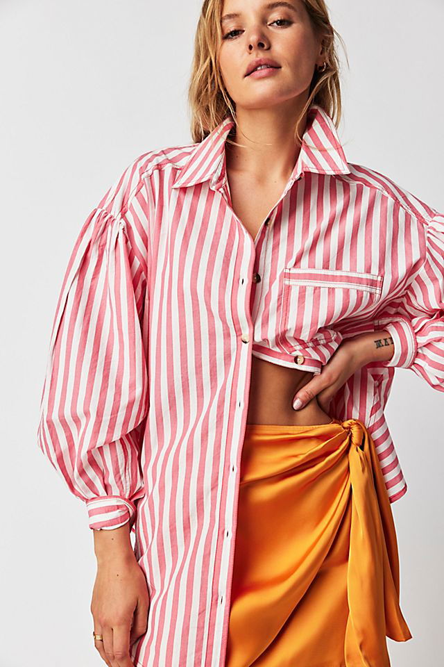 Red & White Striped Top - Striped Bodysuit - Notched Women's Top