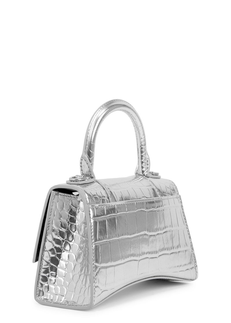 Balenciaga Hourglass Silver Croc Embossed Leather Chain Wallet Bag New