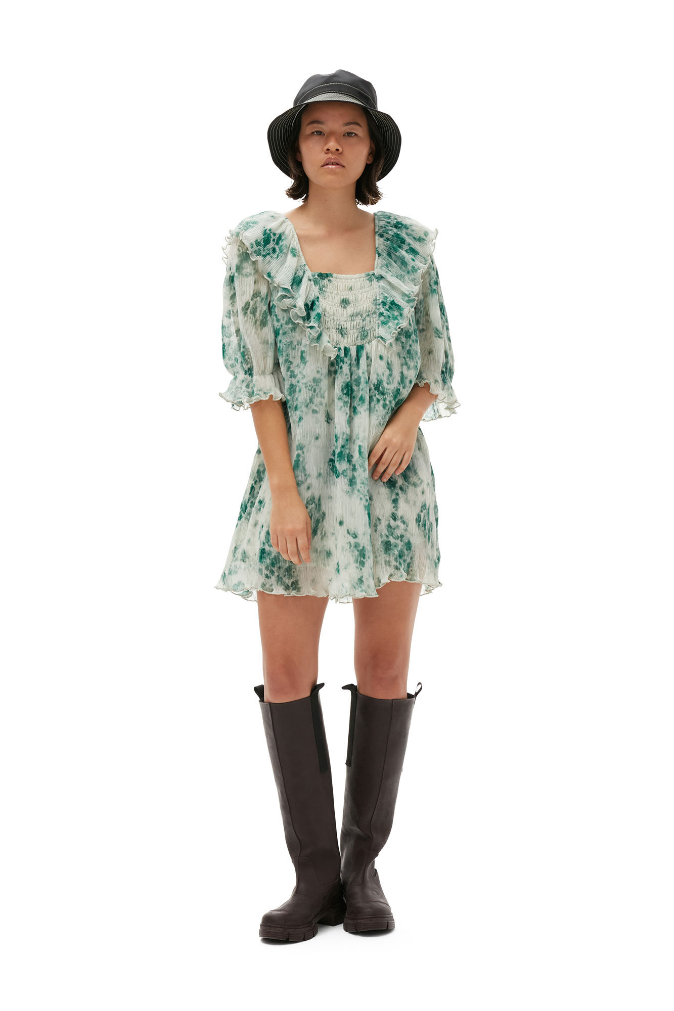 pleated georgette ruffle mini dress GANNI Pleated Georgette Ruffle Mini Dress