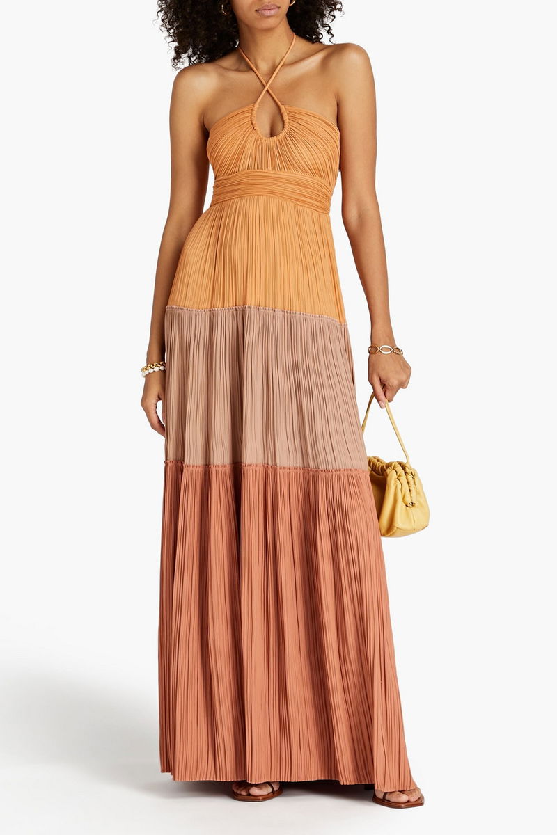 A.L.C. Cecilia Gathered Pliss-Satin Halterneck Maxi Dress | endource