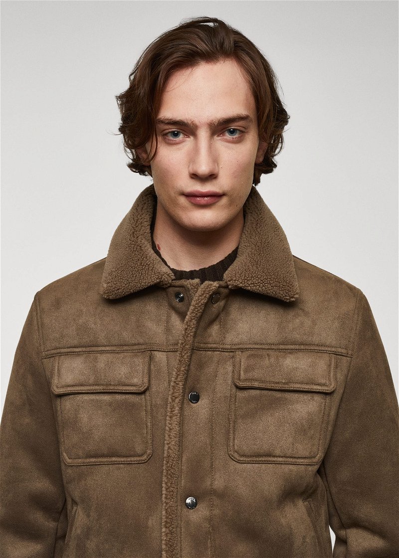 MANGO Double-Faced Shearling Jacket in Medium Brown