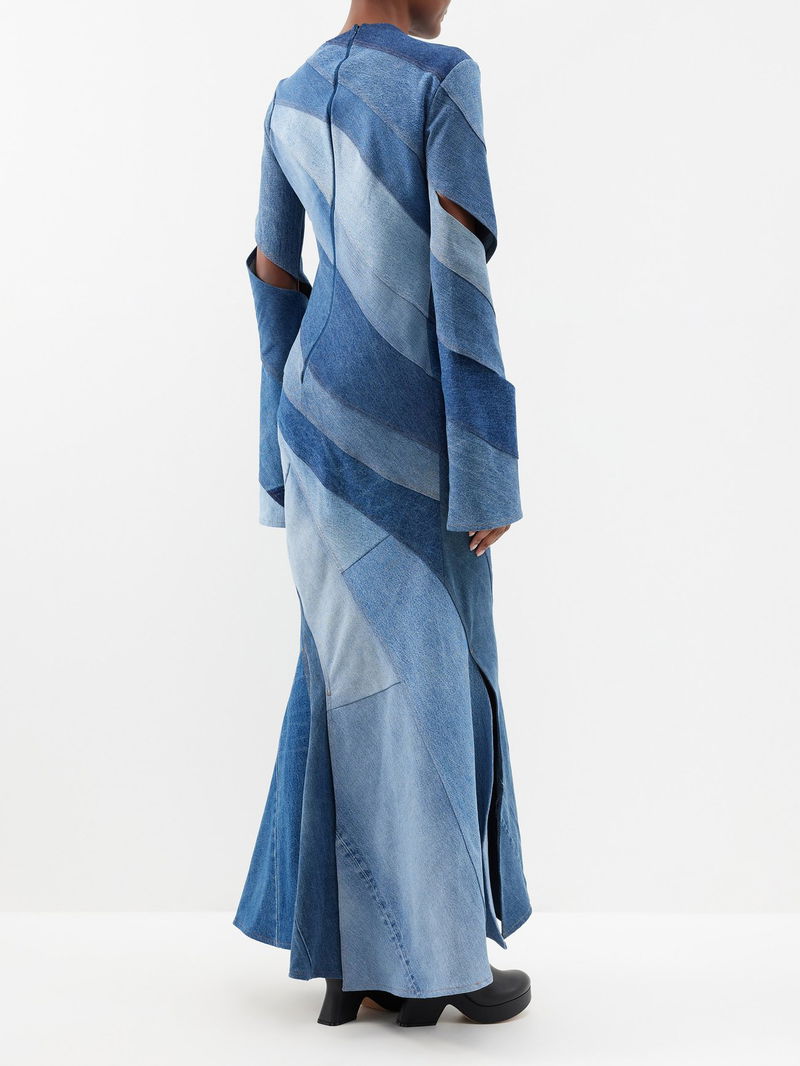 A.W.A.K.E. MODE Panelled Upcycled-Denim Maxi Dress | endource