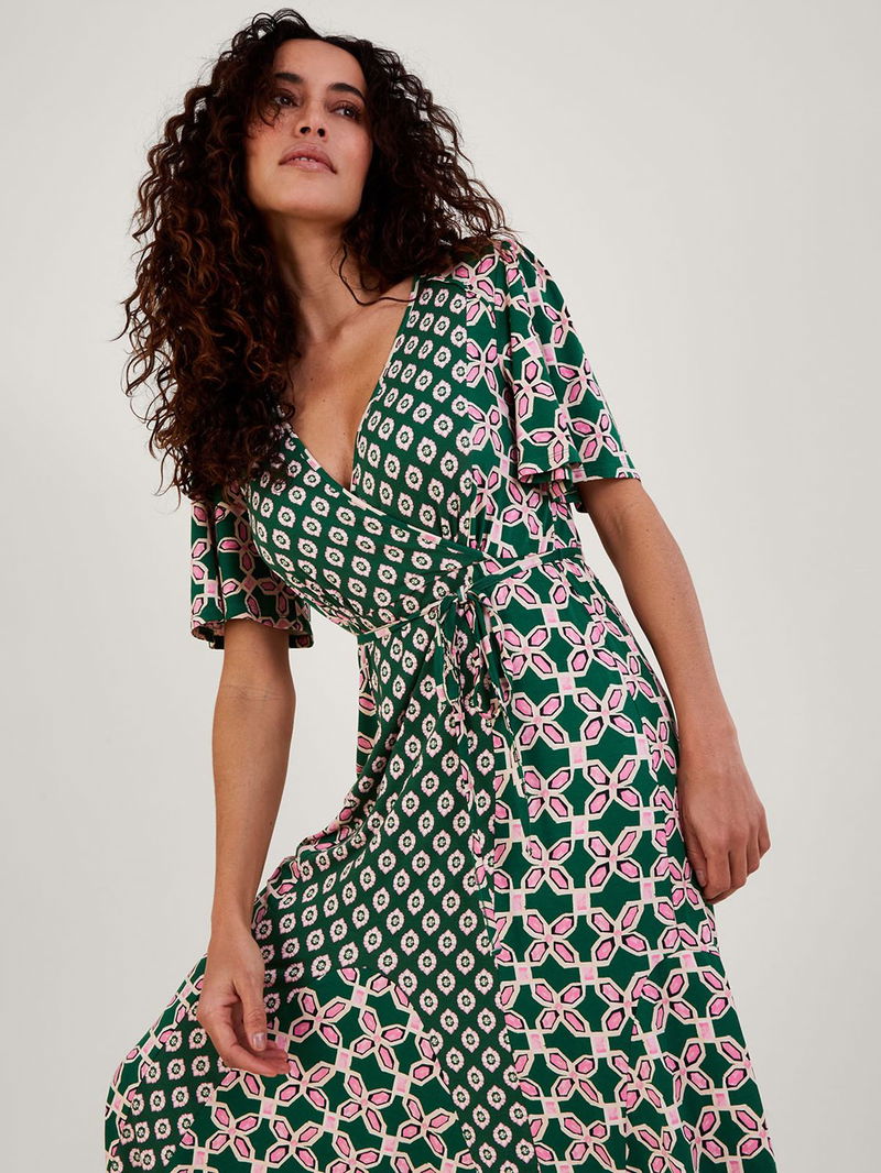 Monsoon Contrast Geometric Print Wrap Midi Dress endource