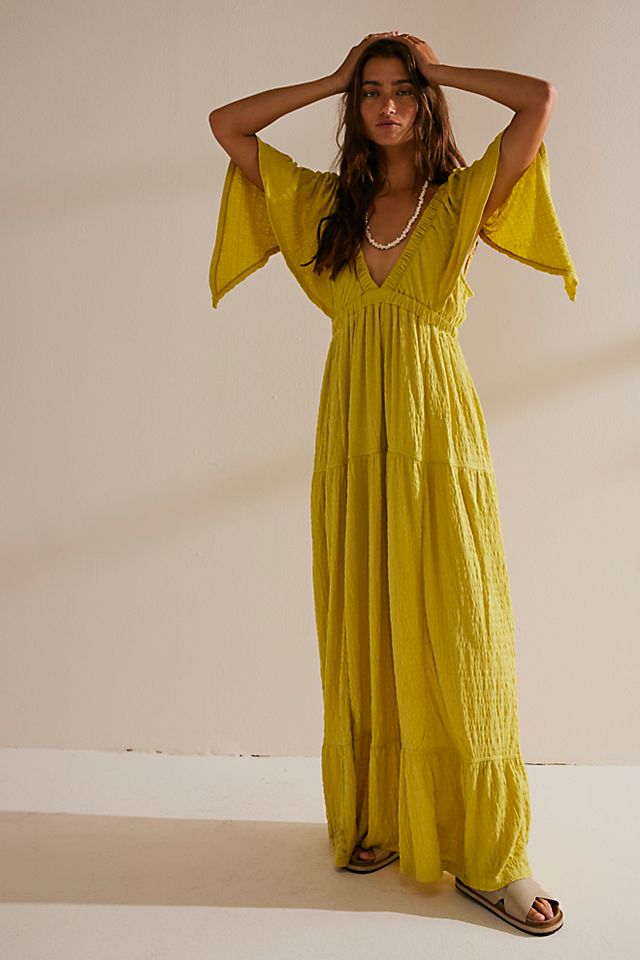 knee length dresses for ladies Free People Yellow Lace Gauze Maxi Dress Set with Bralette and Side Gr –  The Thrifty Hippy