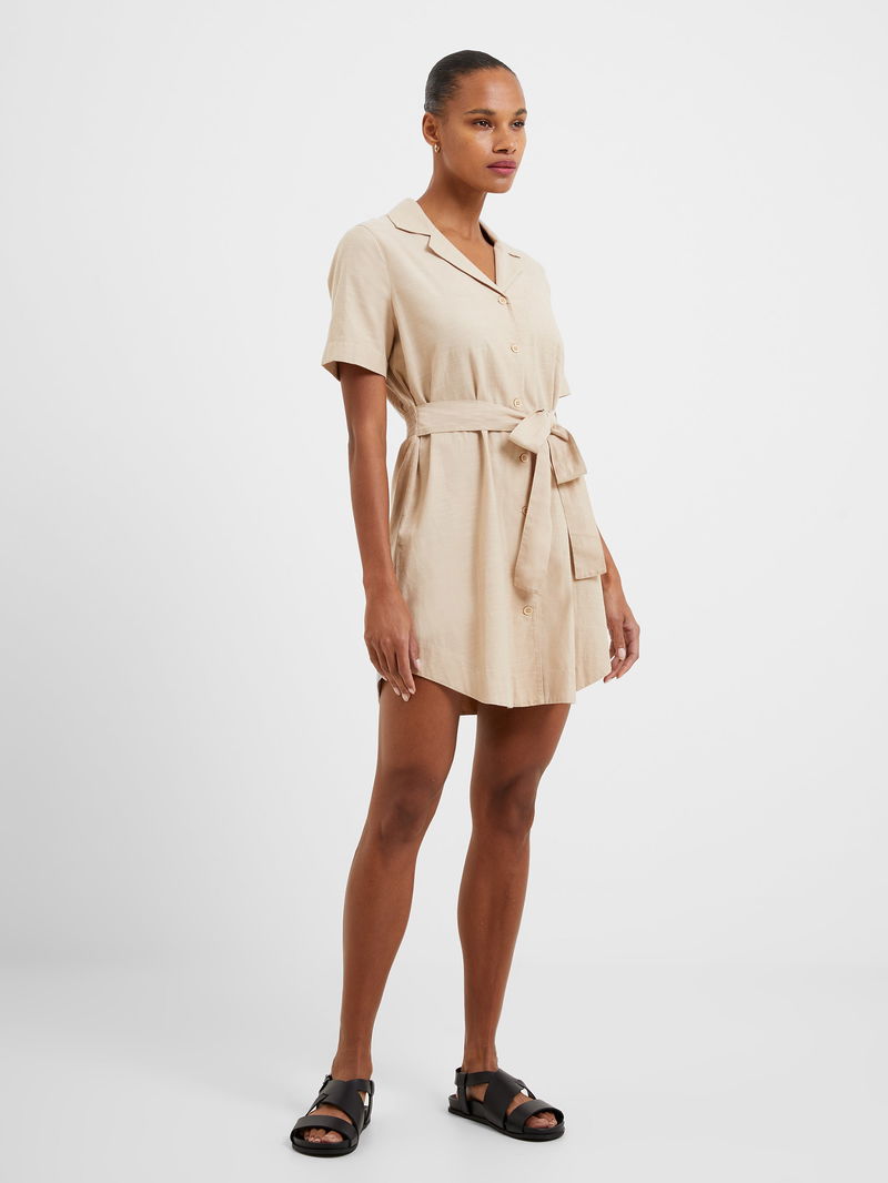 french connection beige dress Beige Double Tiered Ruffle Hem Long Sleeve Loose Mini Dress Beige / L / 65%Polyester+35%Cotton by Blue Zone Planet main image 0