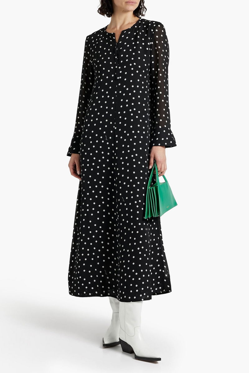 GANNI Polka-Dot Crepe Midi Dress | endource