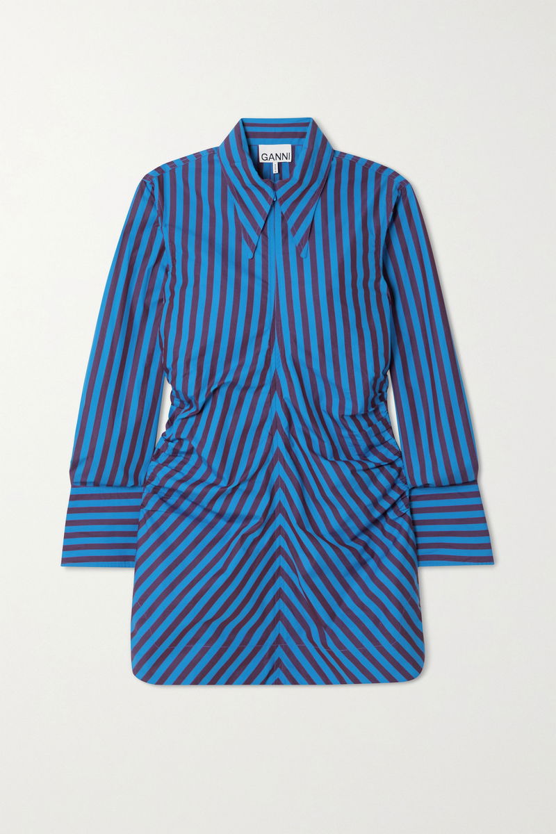 GANNI Ruched Striped Organic Cotton-Poplin Mini Shirt Dress | endource